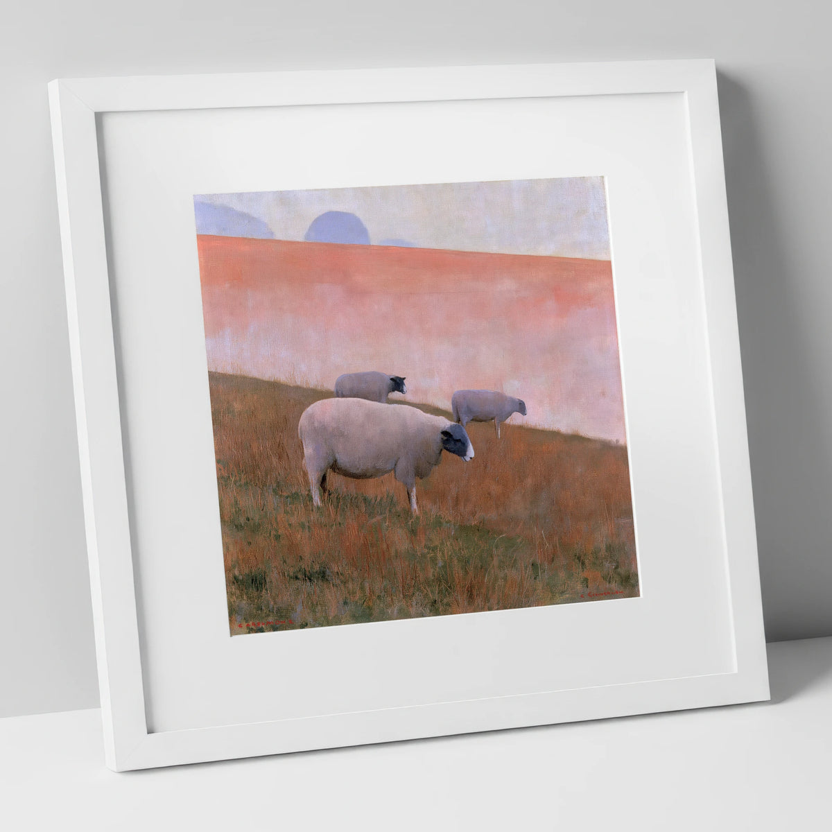 Herdwick Sheep on Pastel Fellside lake district wildlife art print in white frame