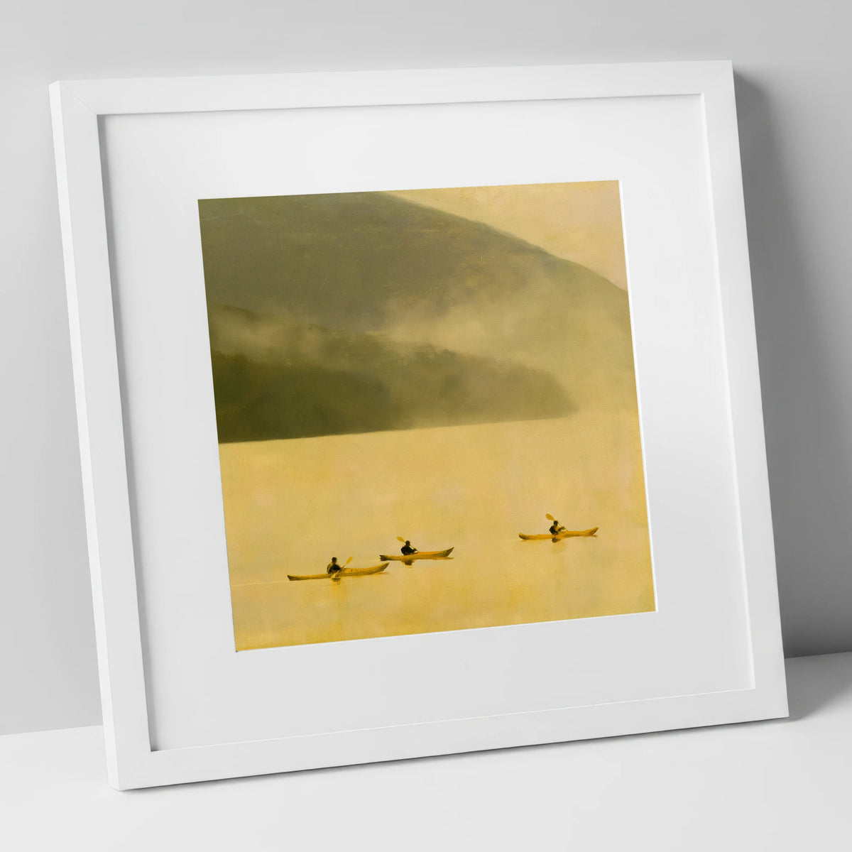 Lake Kayaking in Golden Mist lake district walking art print in white frame