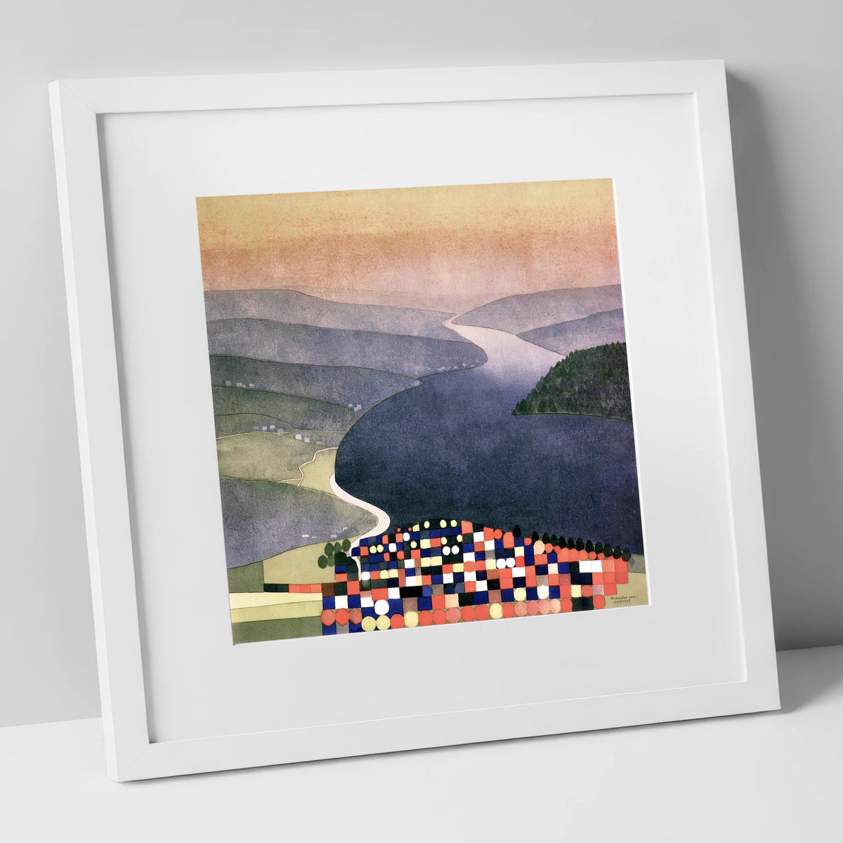 Geometric Ambleside and Indigo Waters lake district village art print in white frame