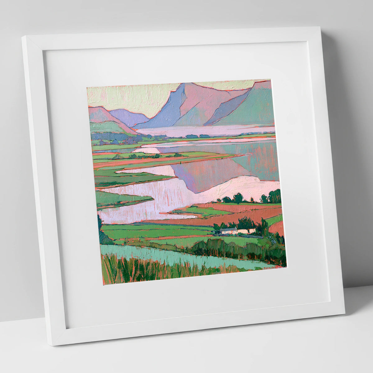 Morning Mist Over Pastel Valley lake district sky art print in white frame