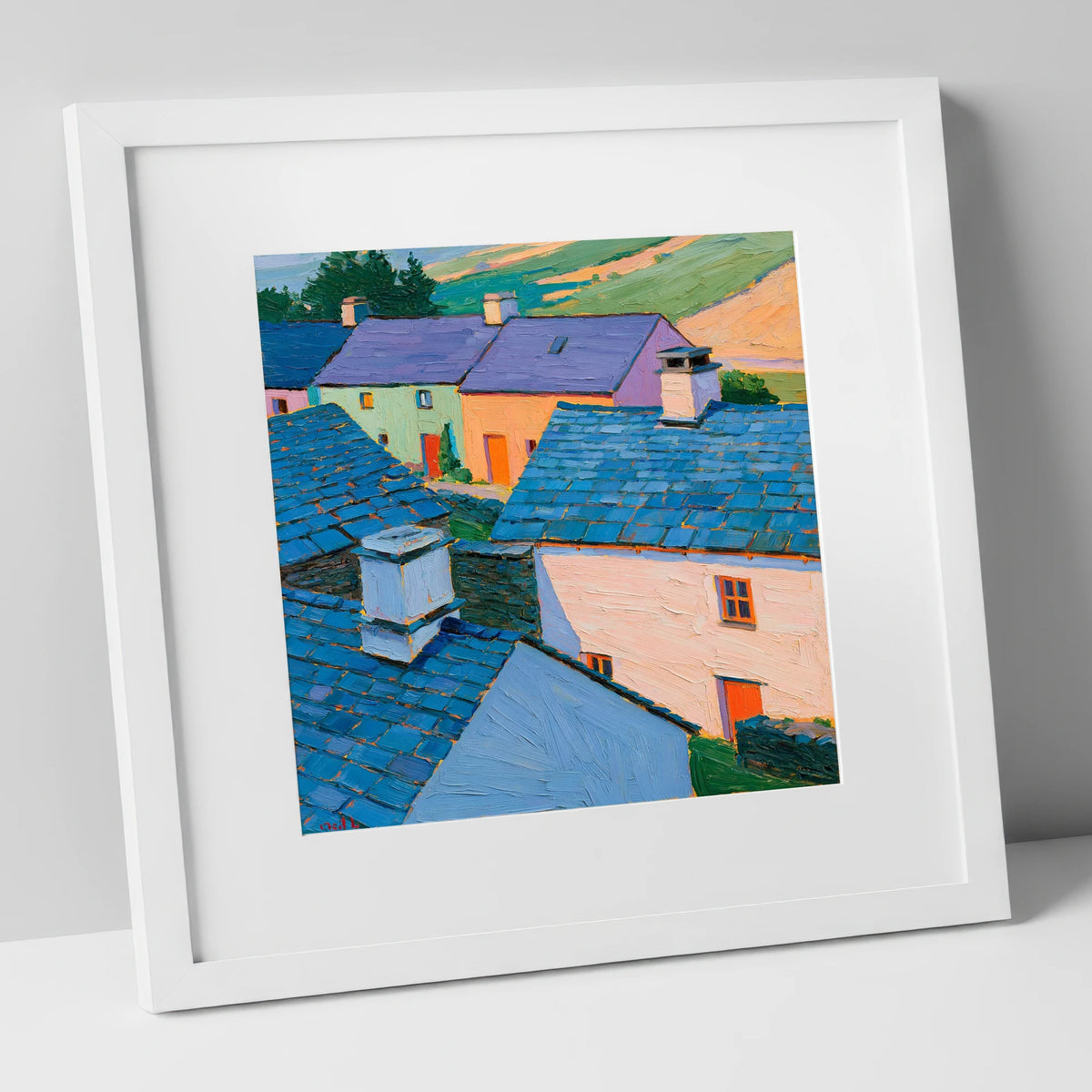 Colourful Slate Roofed Village Cottages lake district village art print in white frame