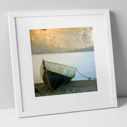 Grounded Teal Boat on Windermere lake district lake art print in white frame