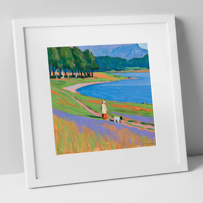 Vibrant Tarn Hows Dog Walk gifts for dog walkers art print in white frame