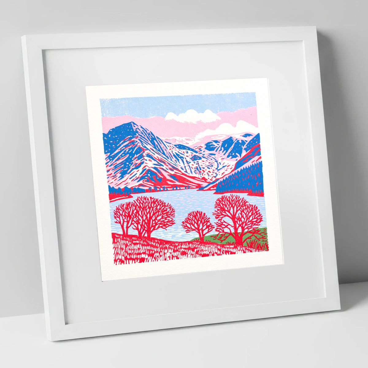 Graphic Buttermere in Red and Blue lake district lake art print in white frame