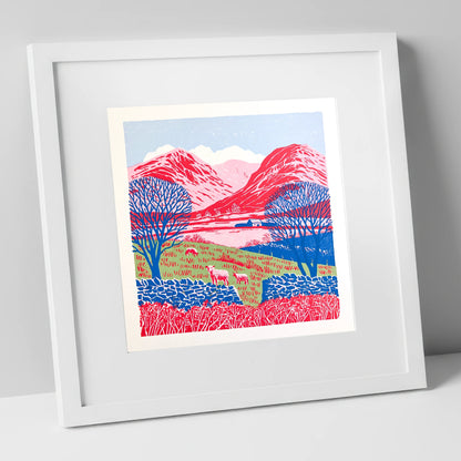 Bold Red Fells of Eskdale lake district valley art print in white frame