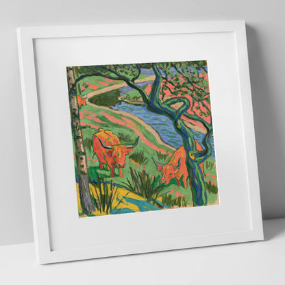 Vibrant Highland Cattle by the Beck lake district wildlife art print in white frame