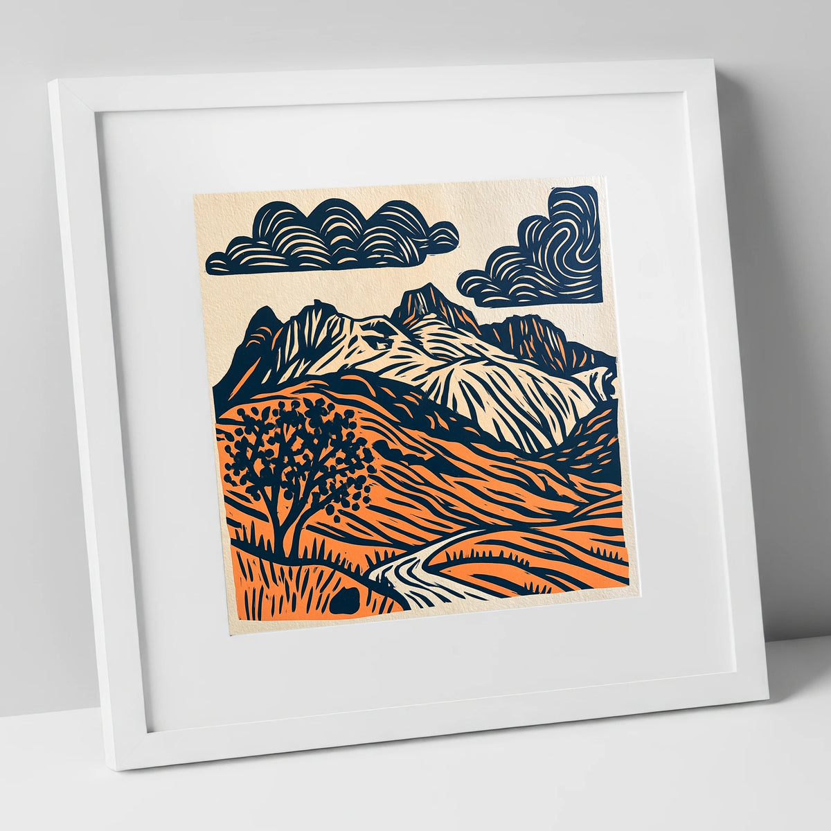 Langdale Pikes in Navy and Orange lake district fell art print in white frame
