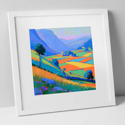 Bold Patchwork Fields and Fells lake district valley art print in white frame