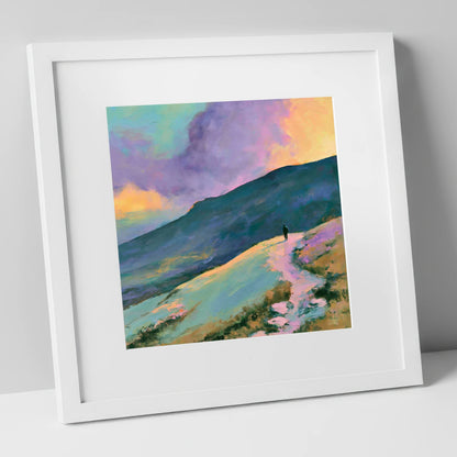 Lone Hiker Under Pastel Skies lake district walking art print in white frame