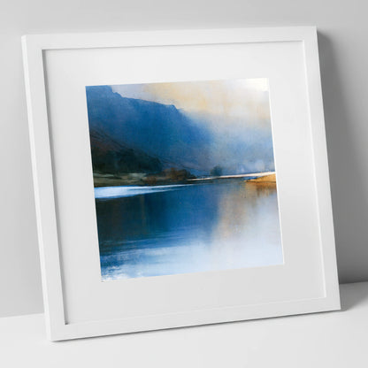 Indigo Fells and Lake Mist lake district lake art print in white frame