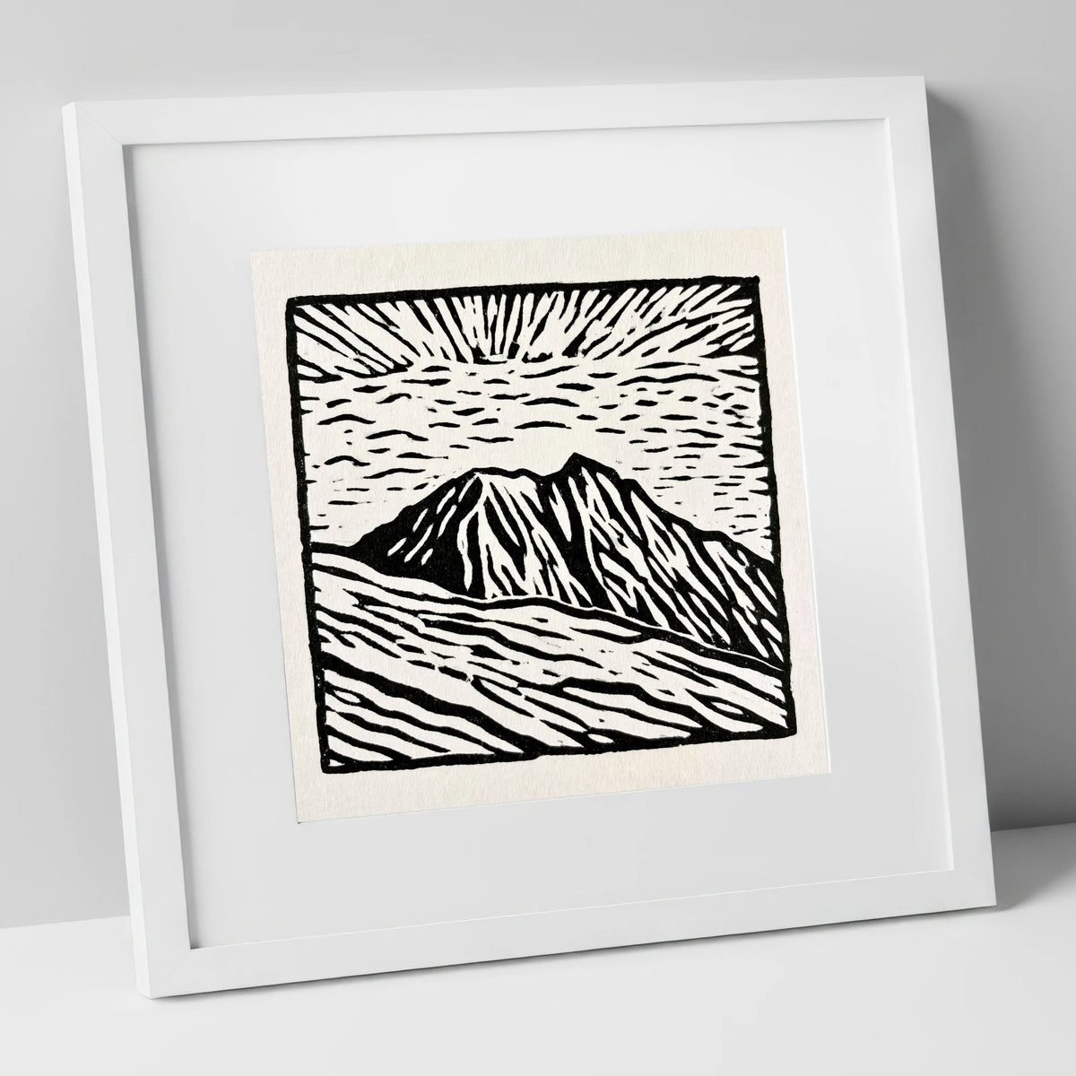 Monochromatic Helvellyn Sunburst lake district fell art print in white frame