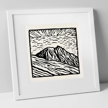 Monochromatic Helvellyn Sunburst lake district fell art print in white frame