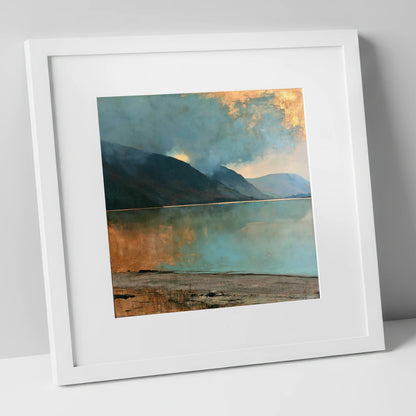 Golden Break Over Crummock Water lake district lake art print in white frame