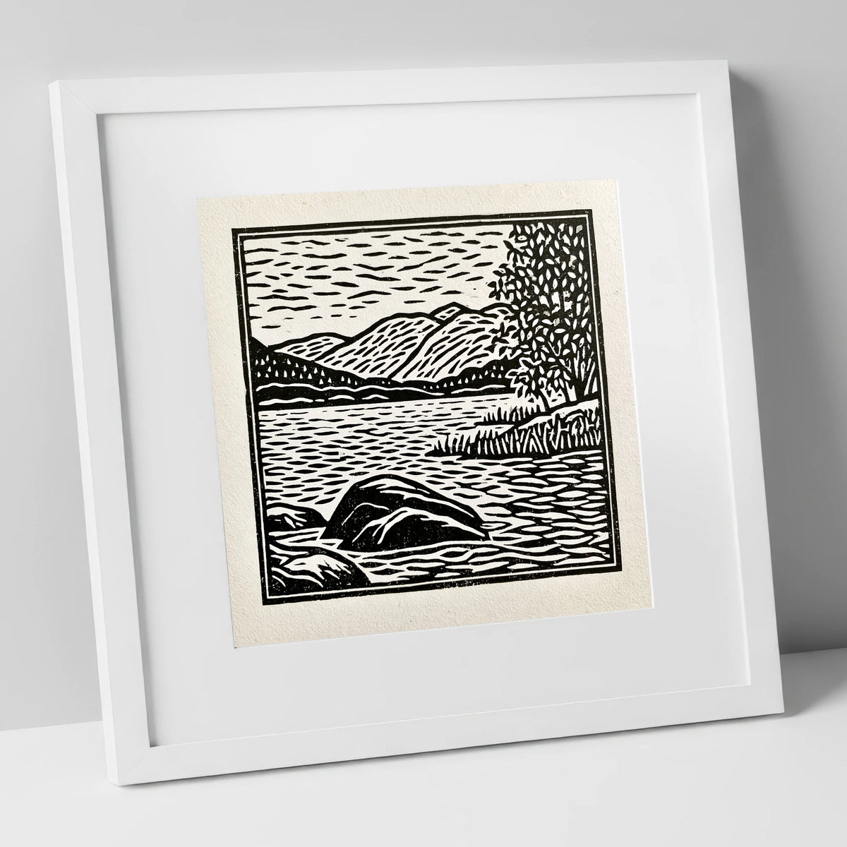 Monochrome Coniston Water Fells lake district lake art print in white frame