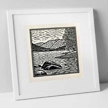 Monochrome Coniston Water Fells lake district lake art print in white frame