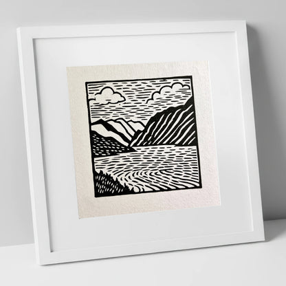 Graphic Monochrome Lake and Fells lake district lake art print in white frame