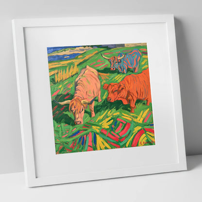Vibrant Highland Cattle Grazing lake district wildlife art print in white frame