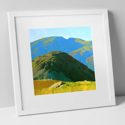 Vibrant Hard Knott and Blue Peaks lake district fell art print in white frame