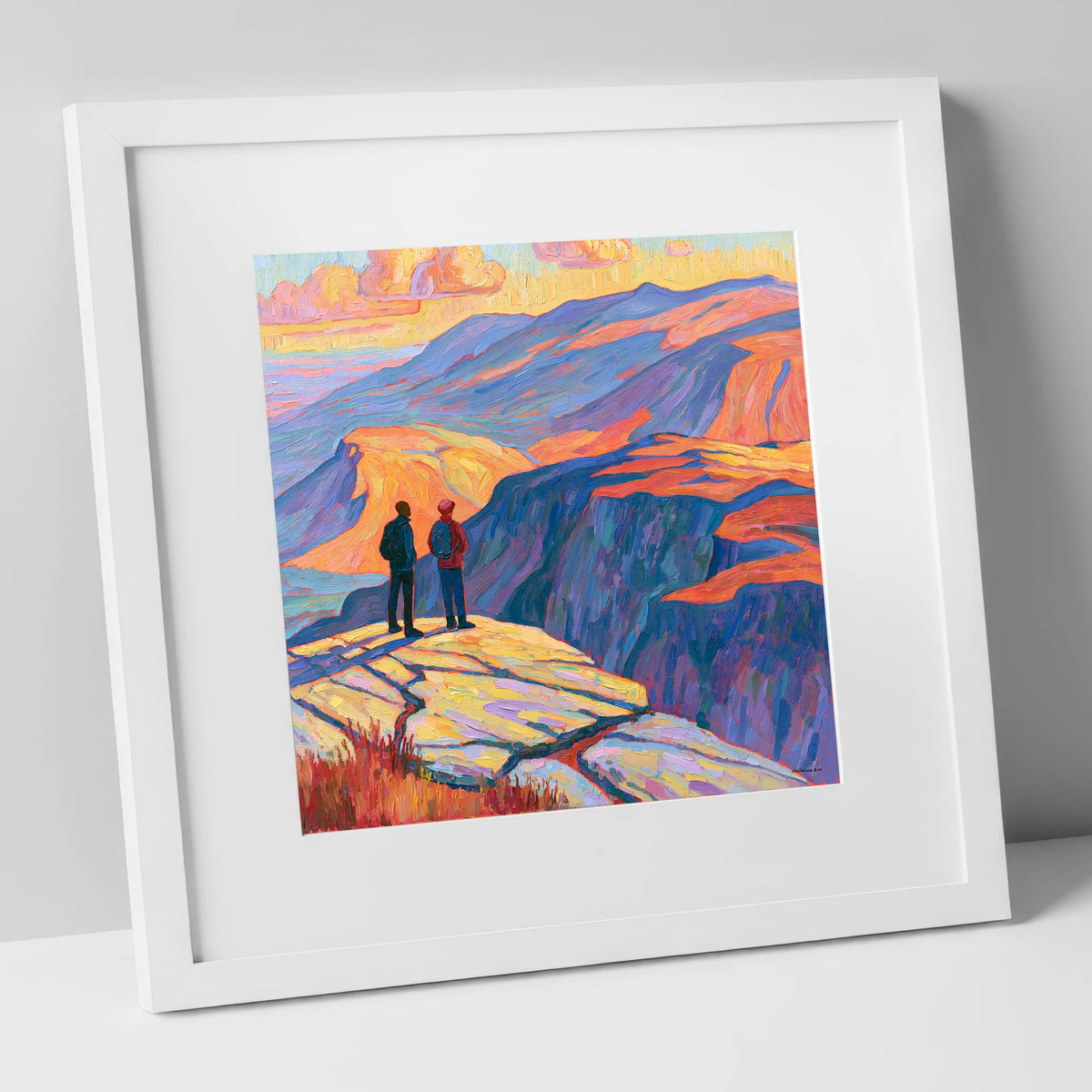 Hikers at Sunset on the Fells lake district fell art print in white frame