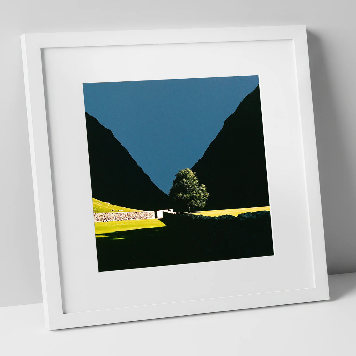 Sunlit Tree Between Silhouetted Fells lake district valley art print in white frame