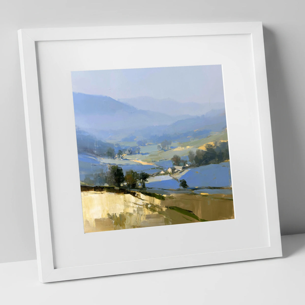 Morning Light on Misty Valley lake district sky art print in white frame