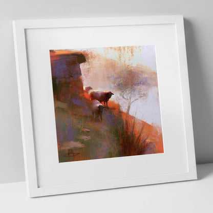 Herdwick Sheep on Sunlit Fellside lake district wildlife art print in white frame