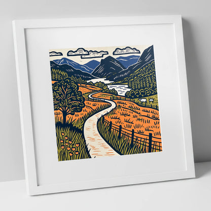 Terracotta Borrowdale Valley Path lake district valley art print in white frame