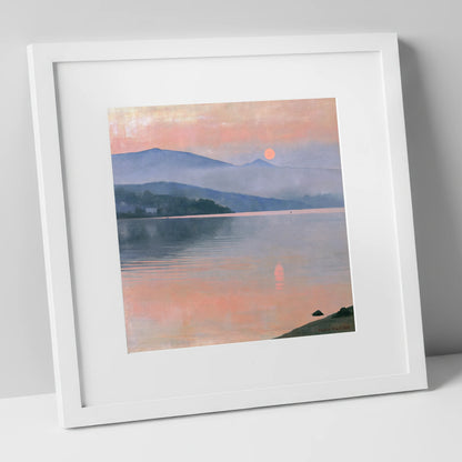 Lake Sunset in Pastel Haze lake district lake art print in white frame