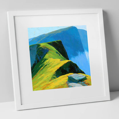 Sunlit Ridge and Deep Blue Crags lake district fell art print in white frame
