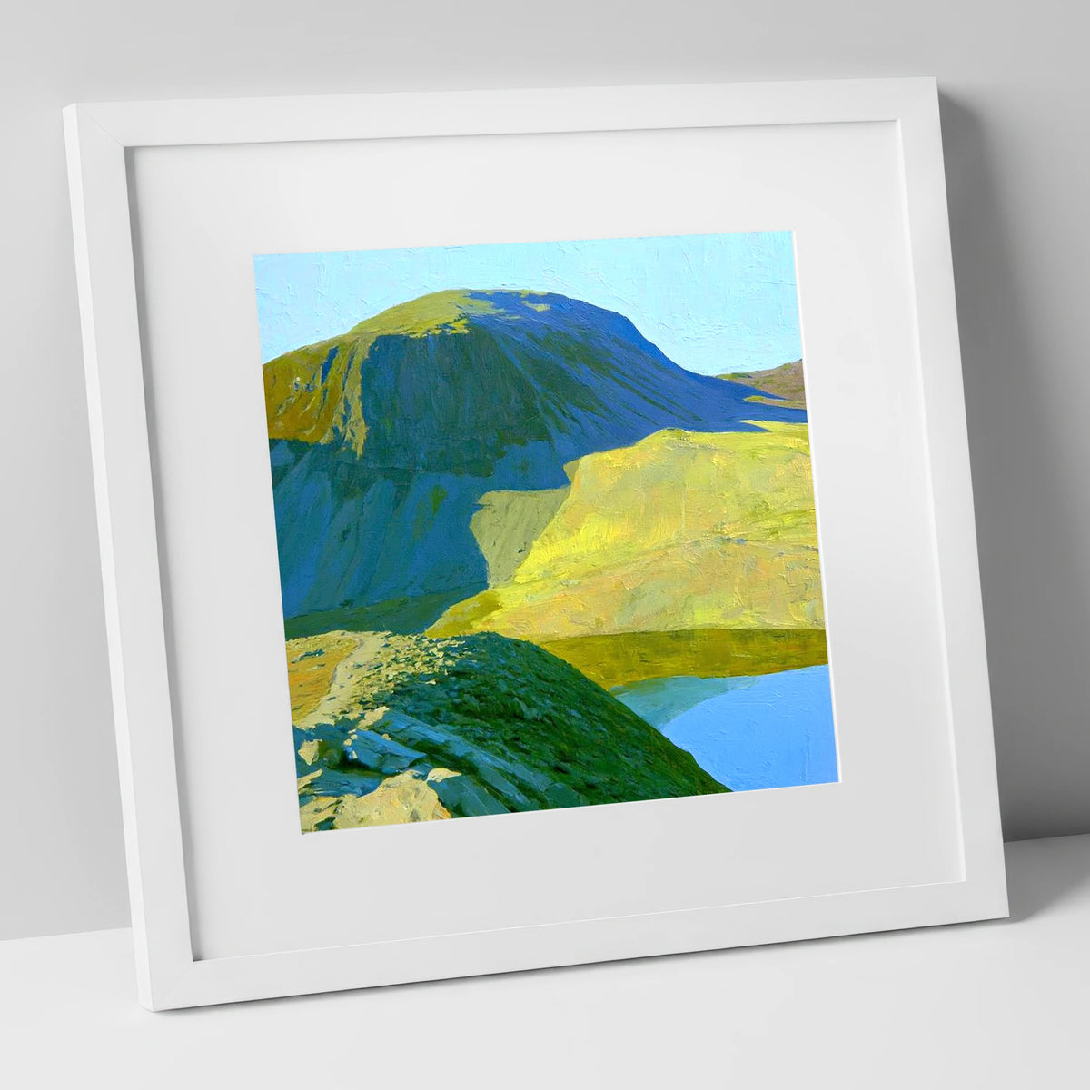 Vibrant Green Gable and Tarn lake district fell art print in white frame