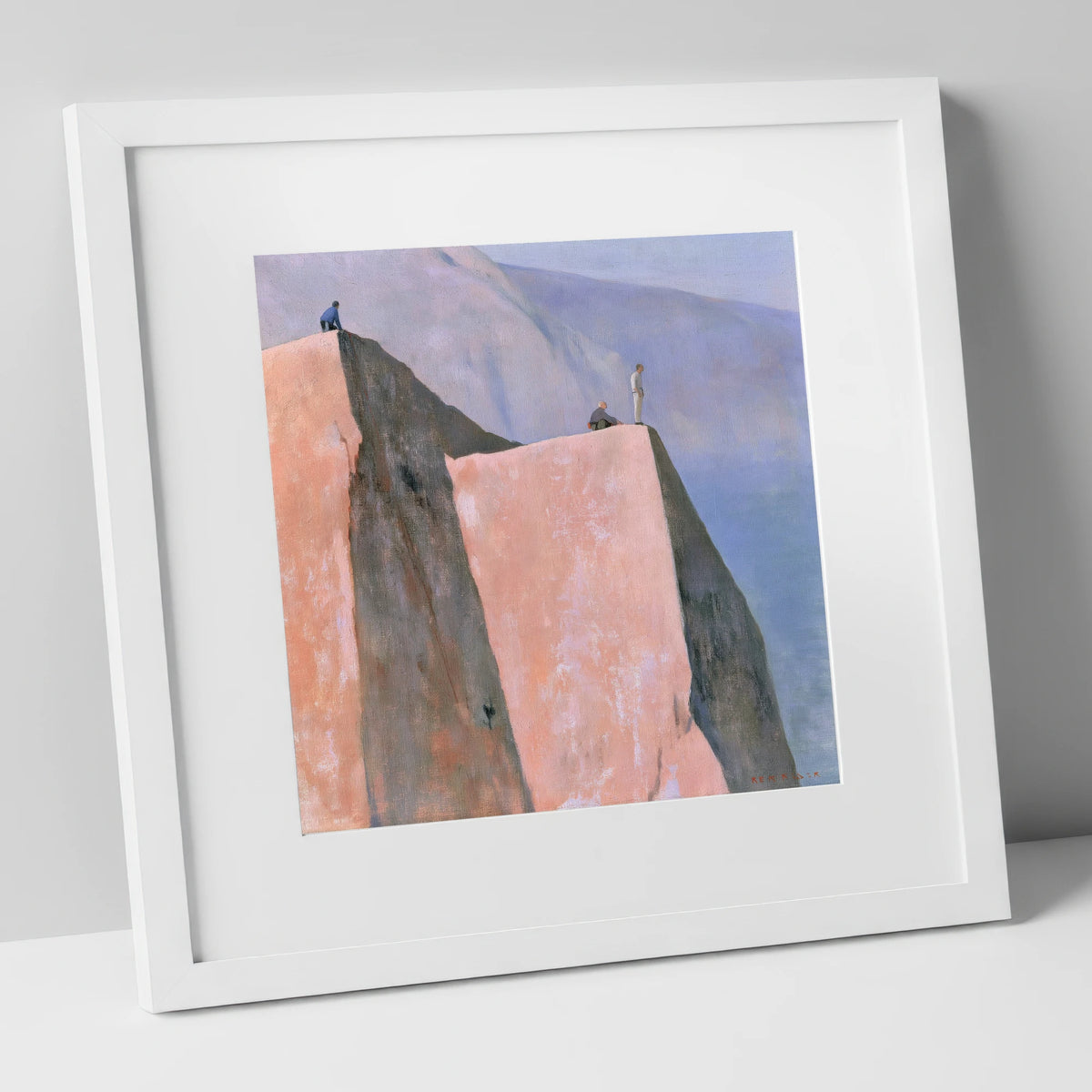 Climbers on a Pastel Crag lake district walking art print in white frame