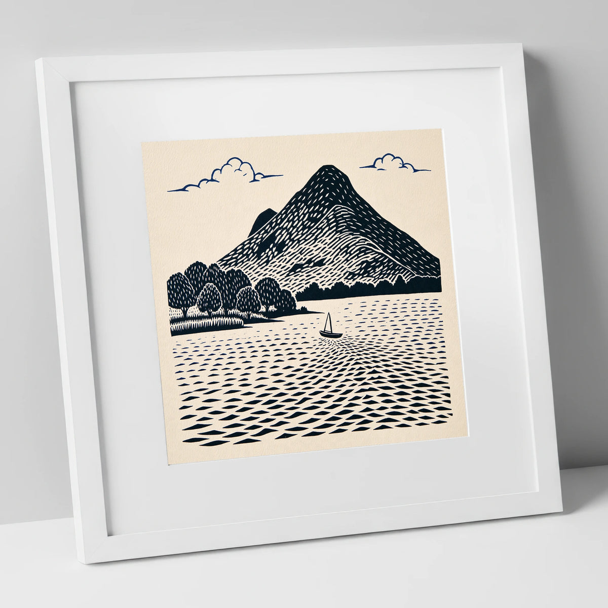 Graphic Catbells and Sailing Boat lake district fell art print in white frame