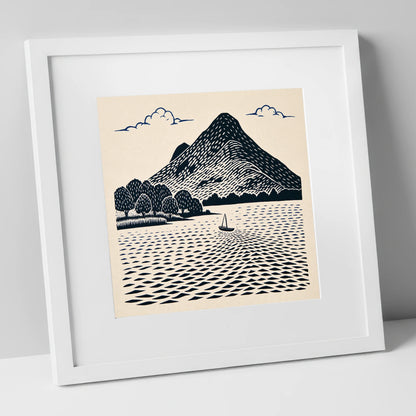 Graphic Catbells and Sailing Boat lake district fell art print in white frame