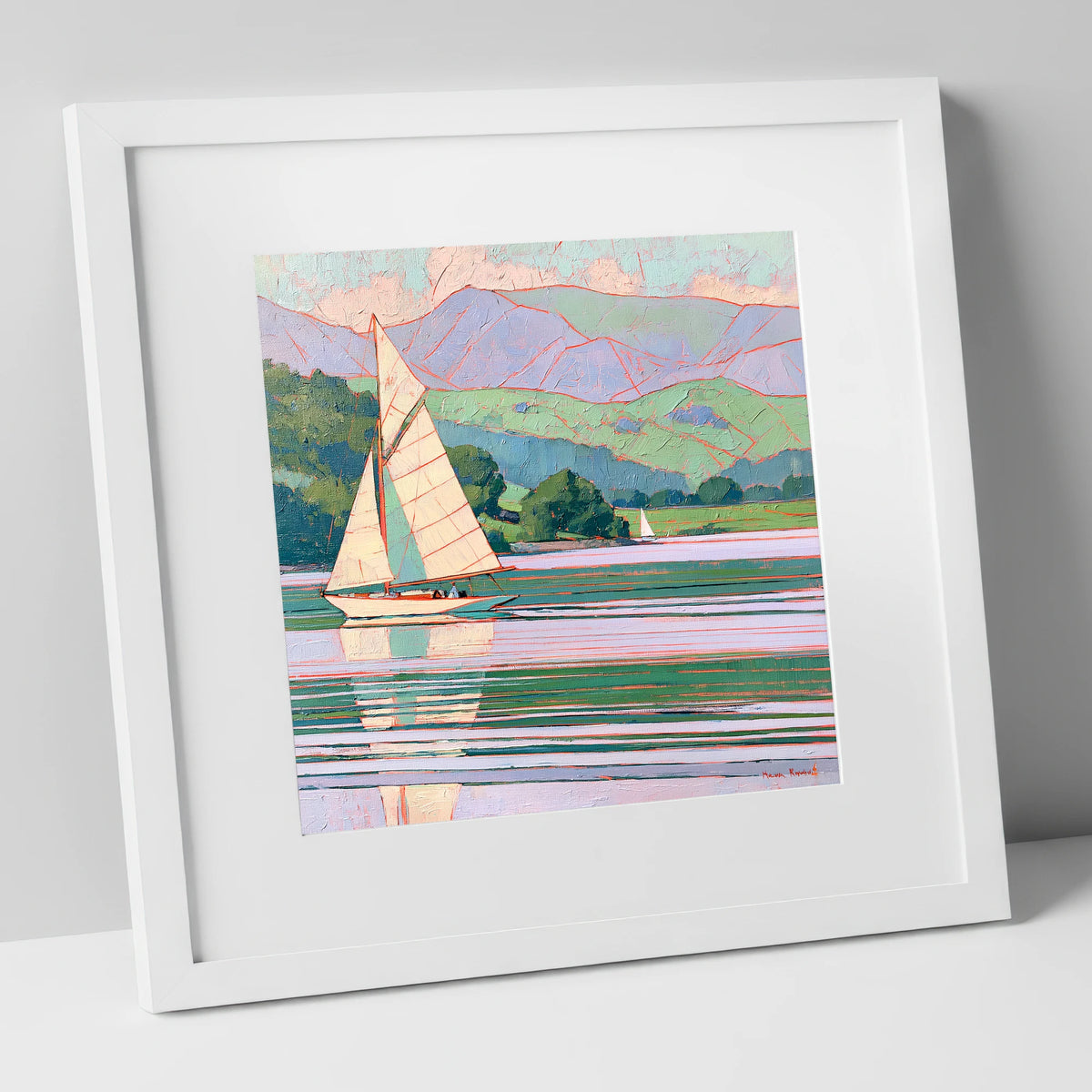 Breezy Sailing on Pastel Waters lake district walking art print in white frame