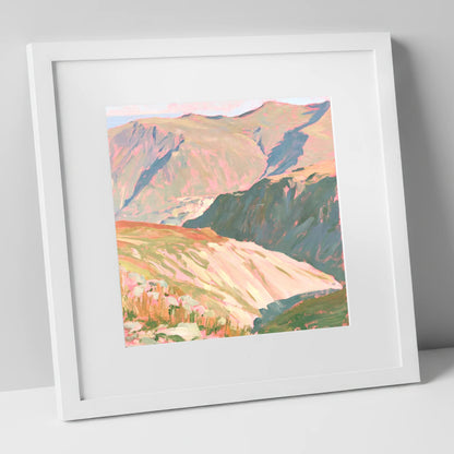 Summit View in Pastel Light lake district fell art print in white frame