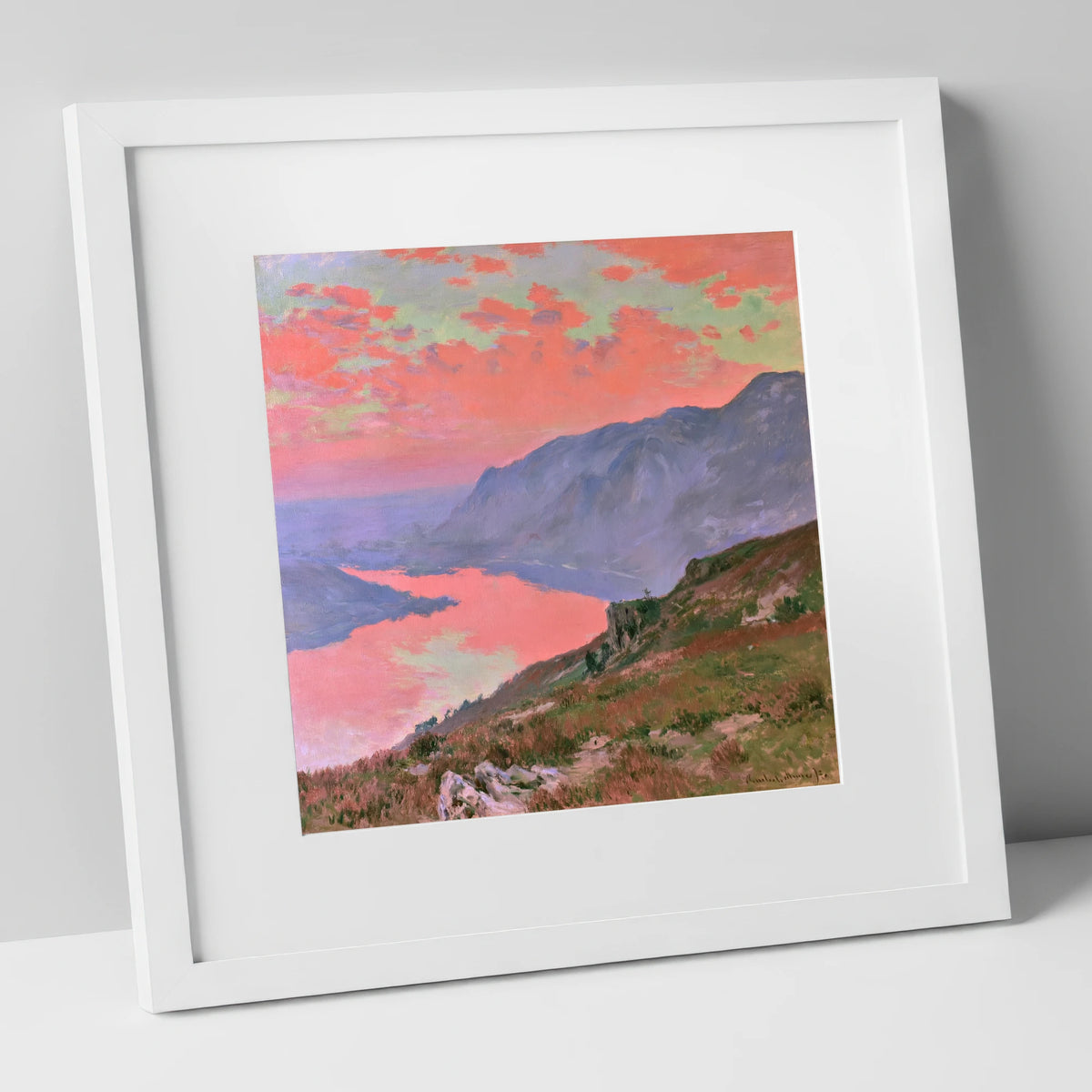 Summit View Under Coral Skies lake district fell art print in white frame