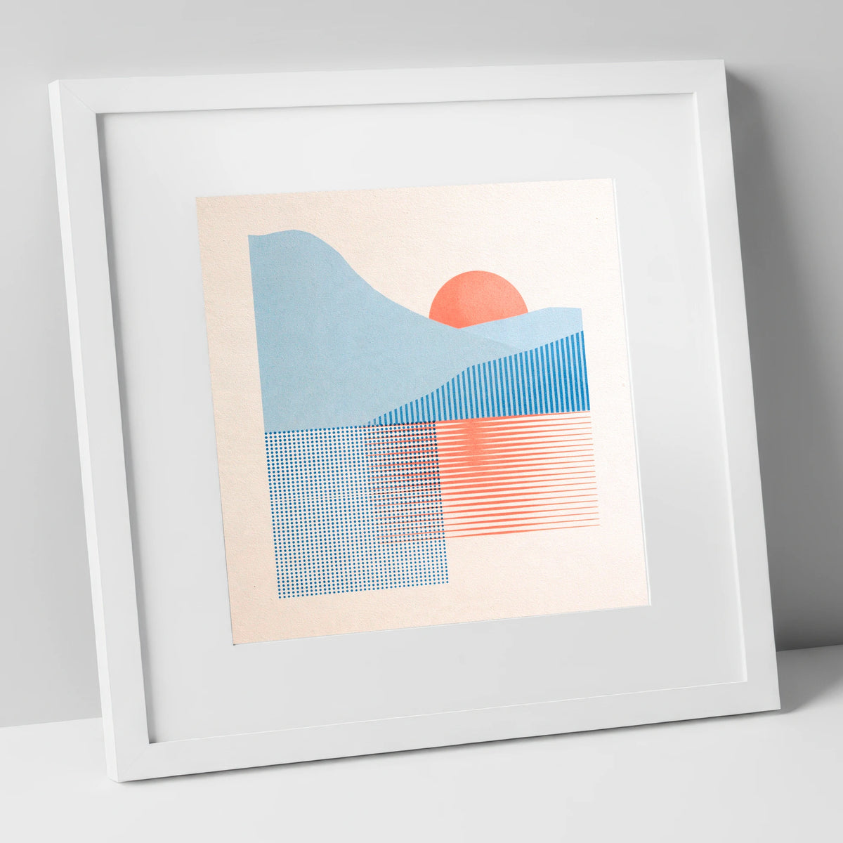 Geometric Still Lake Dawn lake district lake art print in white frame