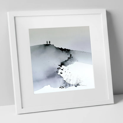 Monochrome Fell Top Hikers lake district fell art print in white frame