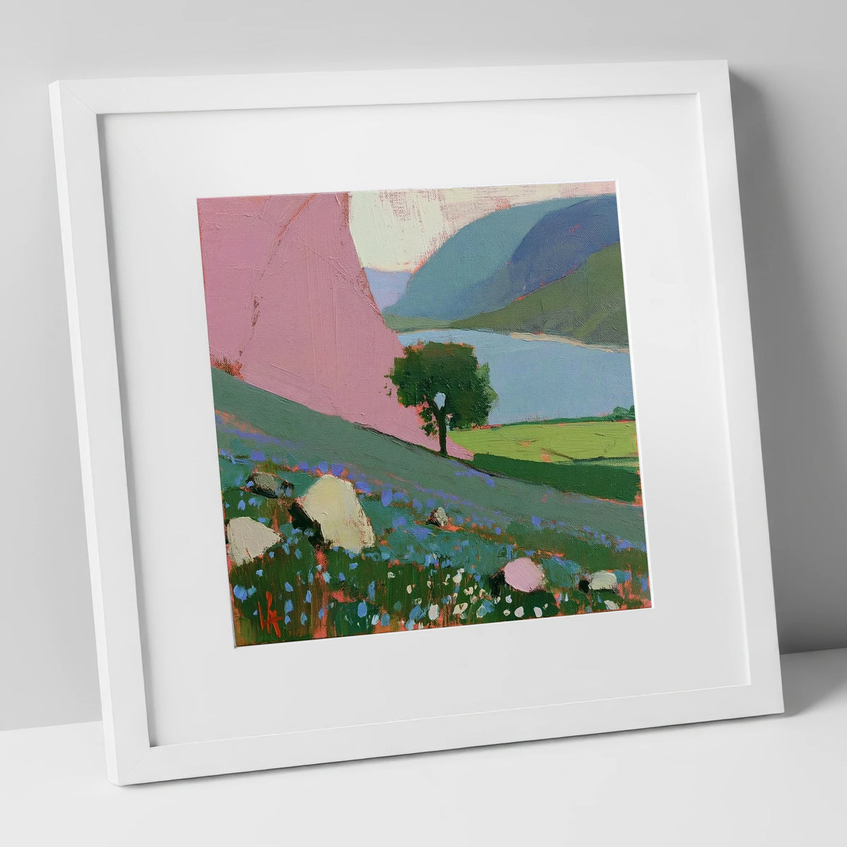 Pink Fellside Above Crummock Water lake district lake art print in white frame