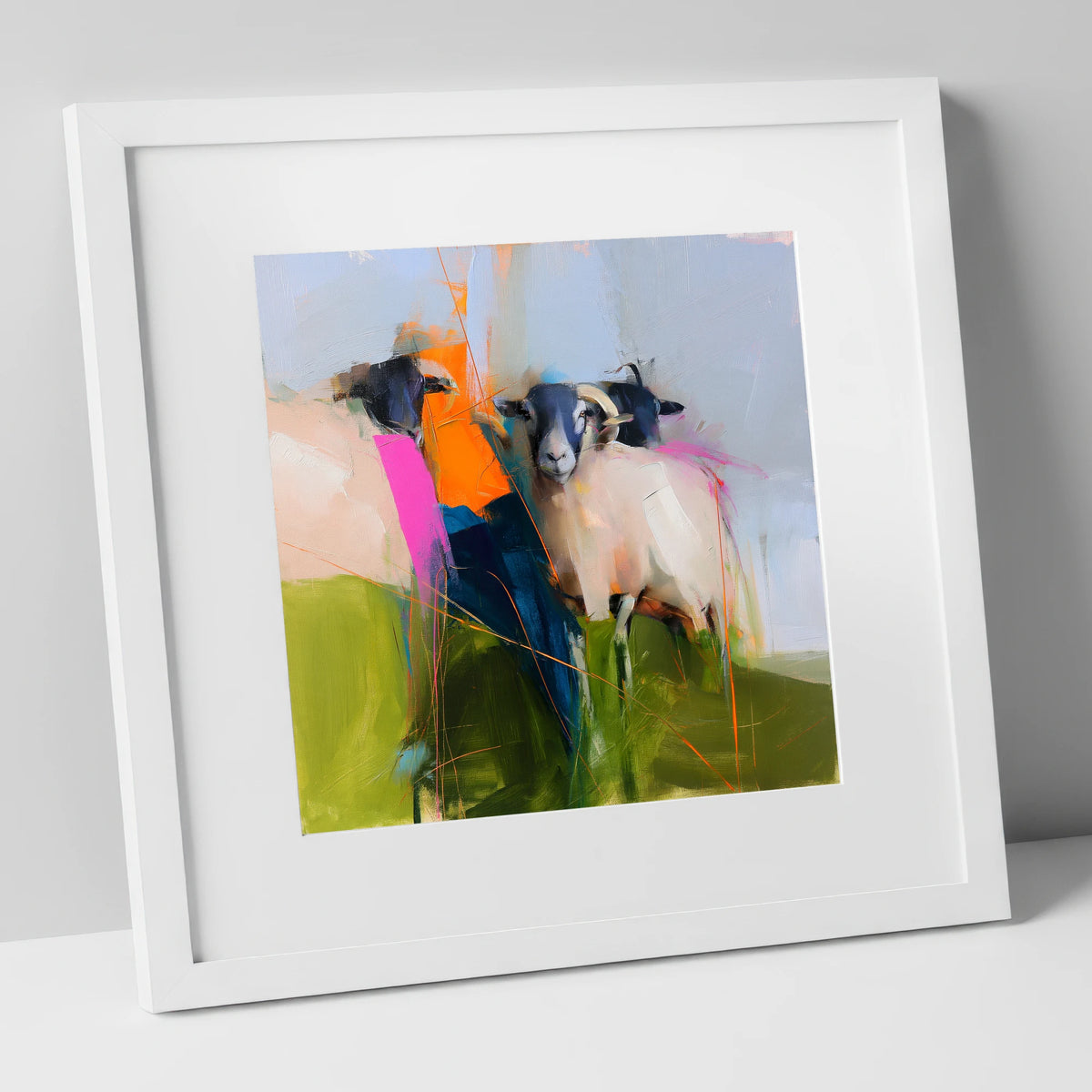 Abstract Herdwick Sheep on Fellside lake district wildlife art print in white frame