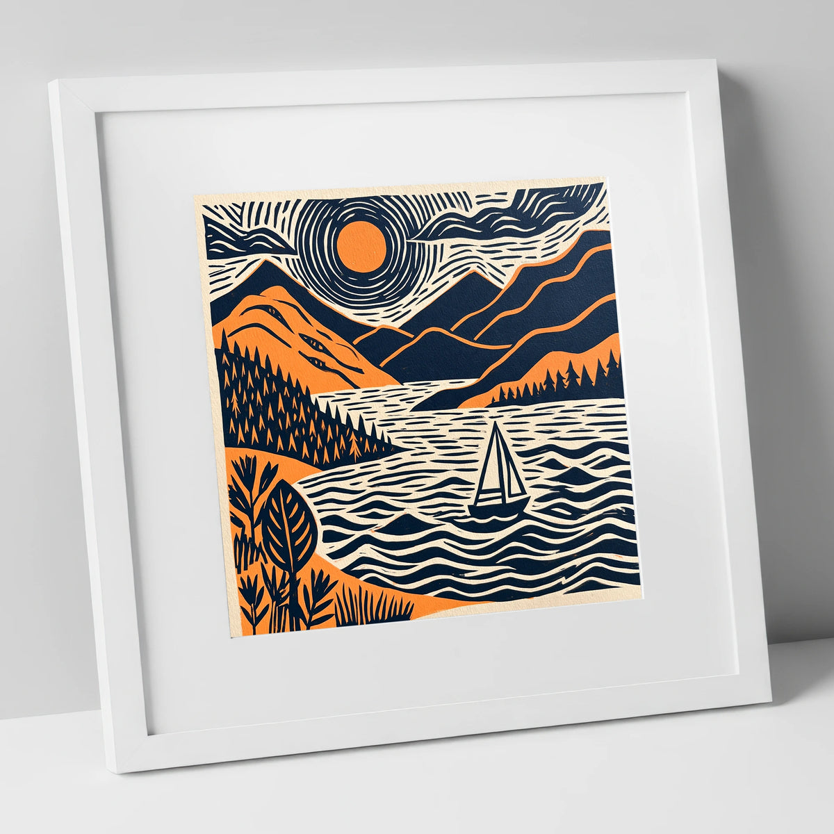 Windermere Sailboat Beneath Radiating Sun lake district lake art print in white frame