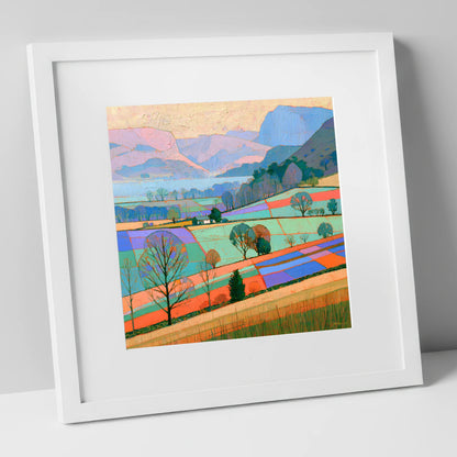 Bright Patchwork Valley Mist lake district sky art print in white frame