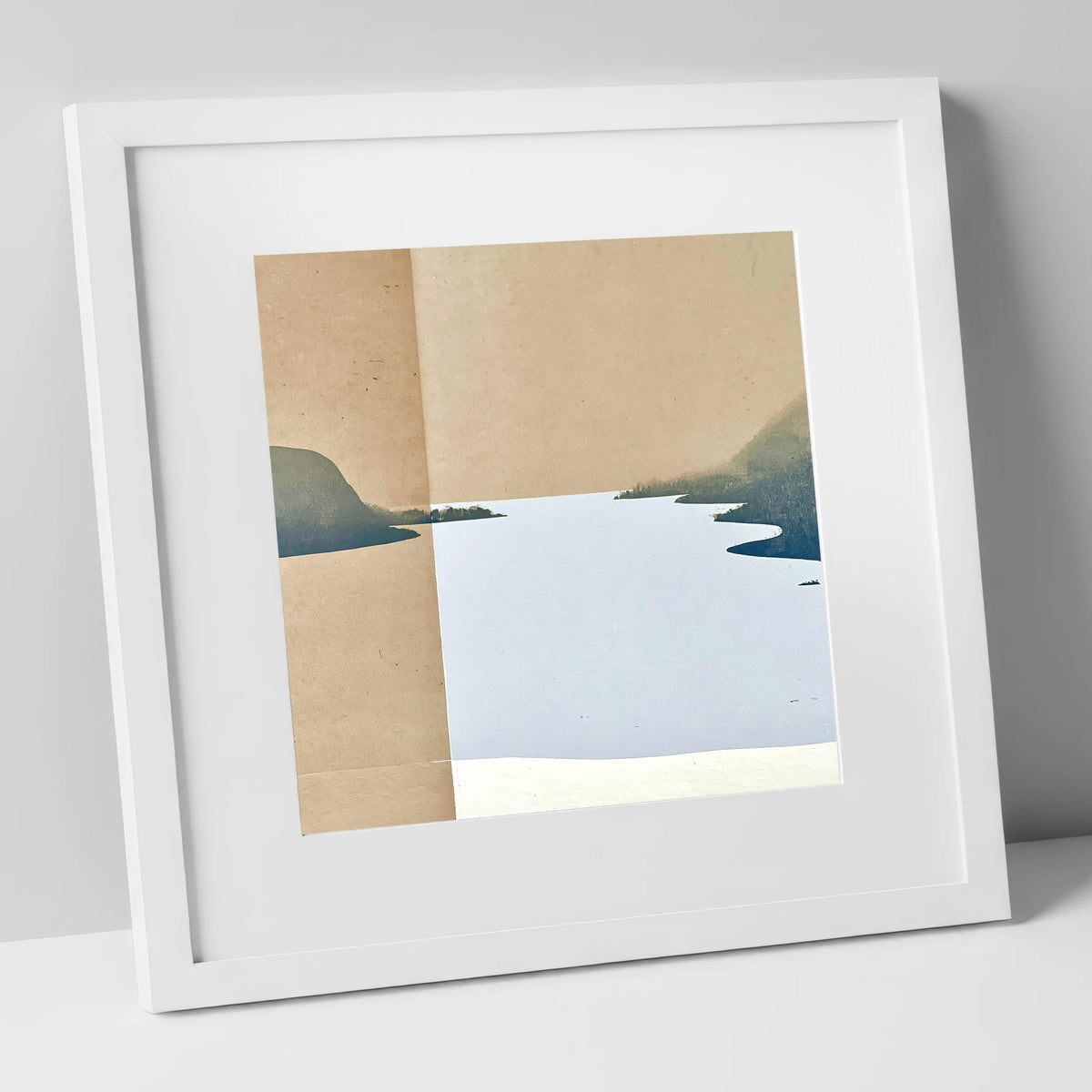 Minimalist Ullswater in Slate Blue lake district lake art print in white frame