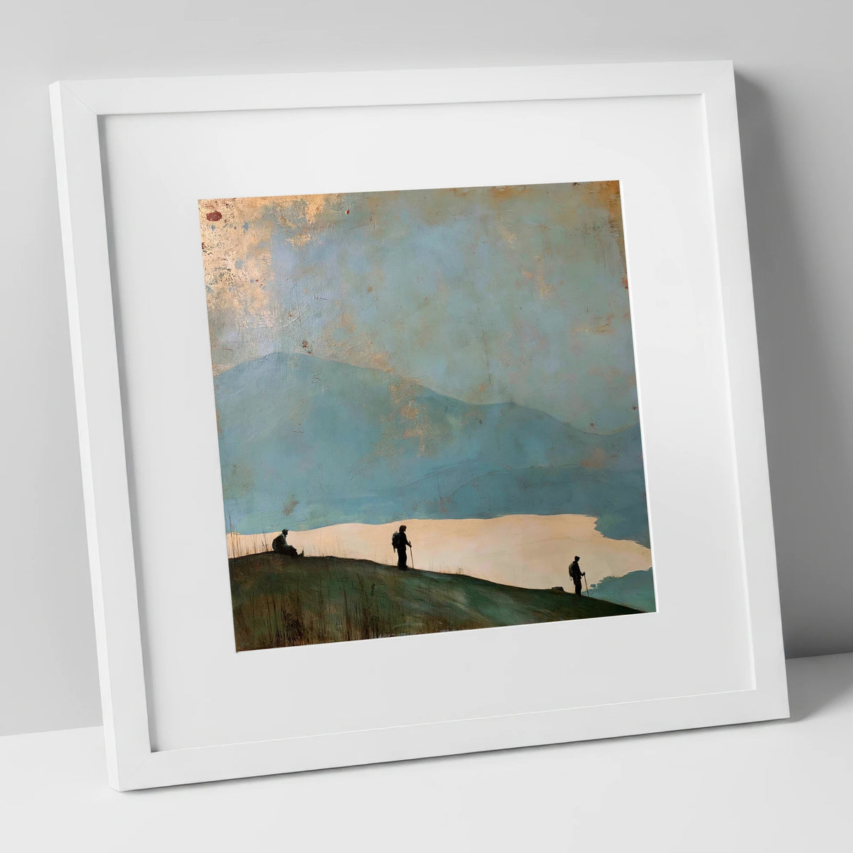 Silhouetted Walkers on Catbells lake district fell art print in white frame