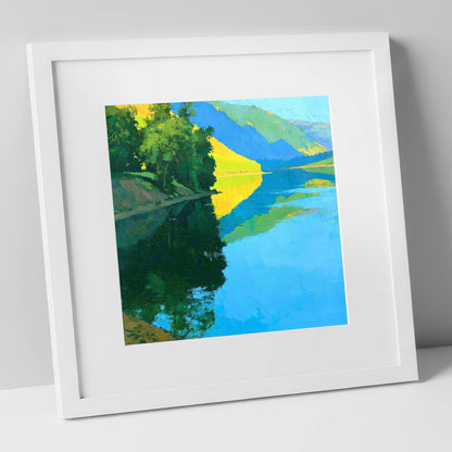 Sunlit Fells Reflecting in Cerulean Water lake district lake art print in white frame