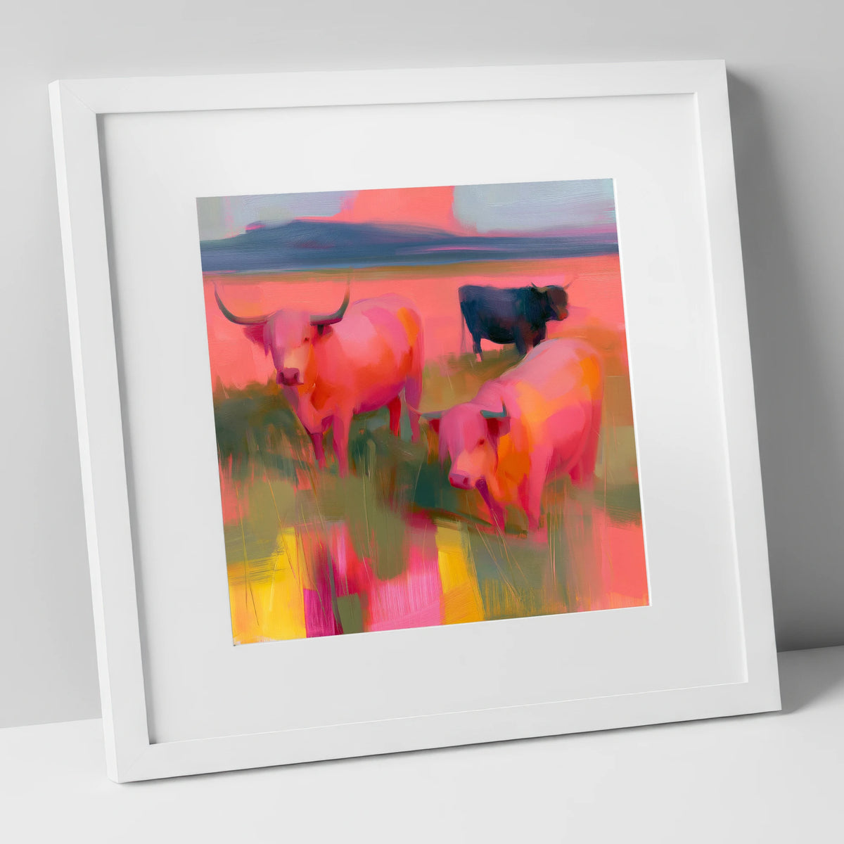 Pink Highland Cattle Grazing lake district wildlife art print in white frame