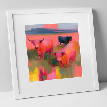 Pink Highland Cattle Grazing lake district wildlife art print in white frame