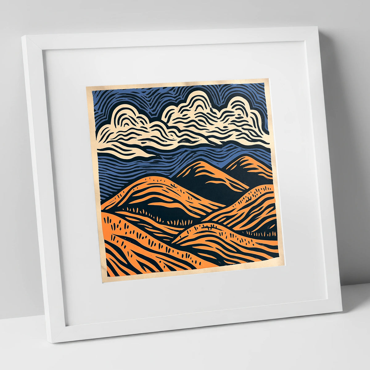 Navy and Orange Rolling Fells lake district fell art print in white frame