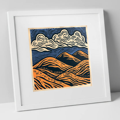 Navy and Orange Rolling Fells lake district fell art print in white frame