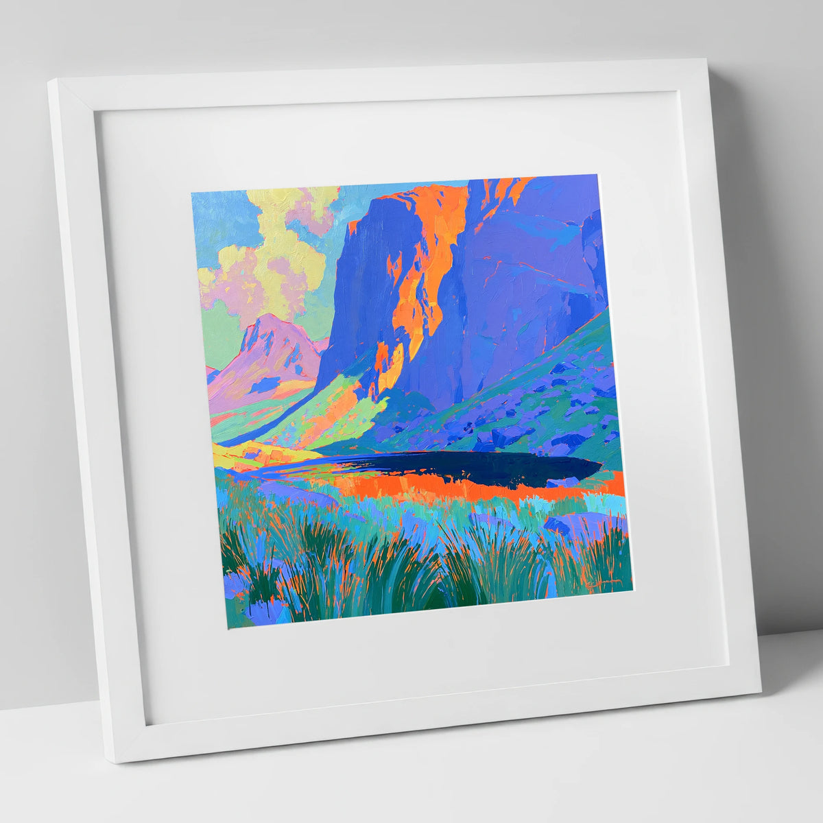 Vibrant Pavey Ark over Stickle Tarn lake district fell art print in white frame